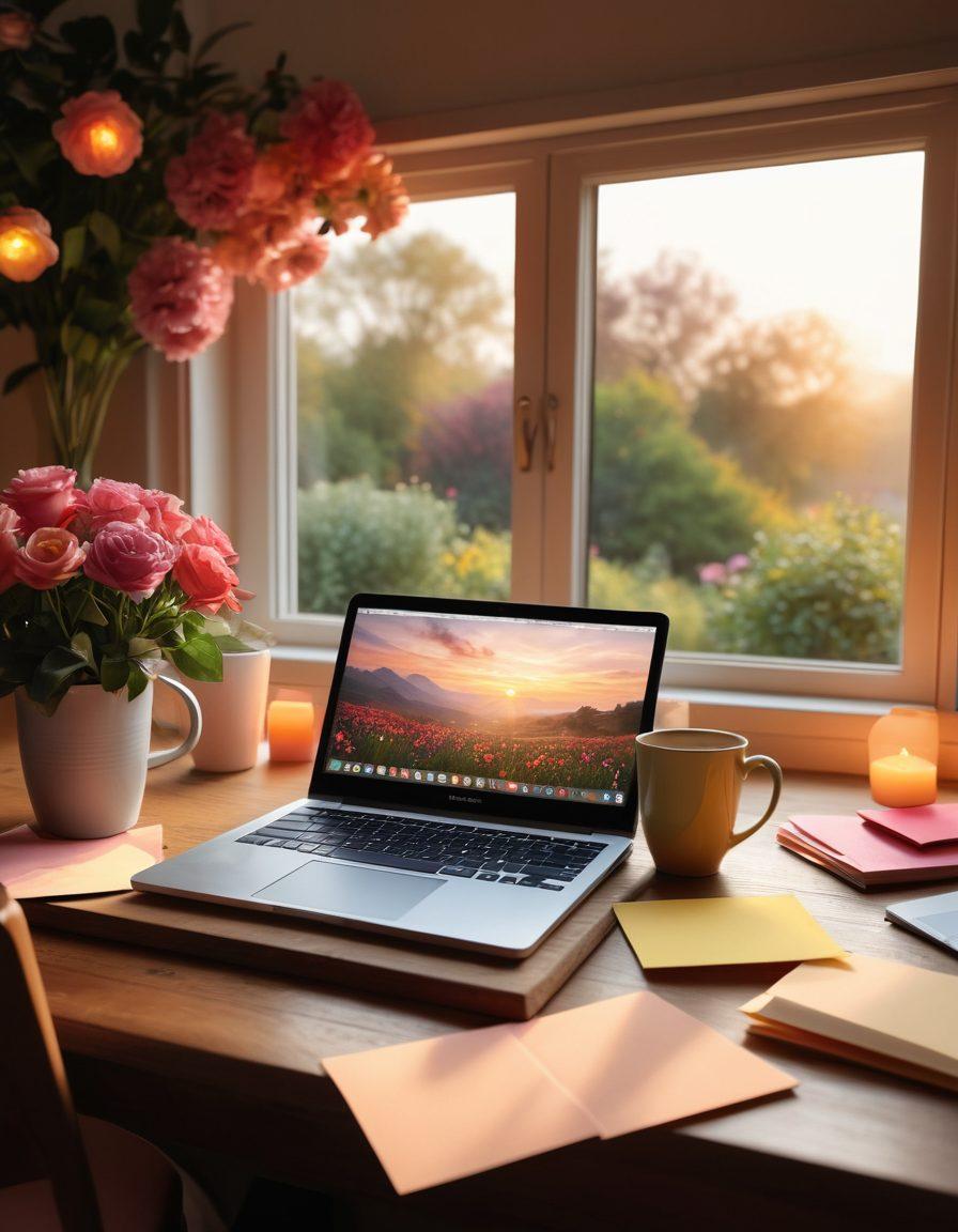 A cozy virtual workspace featuring a laptop with a romantic backdrop, warm lighting, and vibrant flowers adorning the desk. Include elements like heart-shaped sticky notes, soft pillows, and a steaming cup of coffee. Capture the essence of online collaboration infused with a romantic touch. digital painting. warm tones. soft focus.