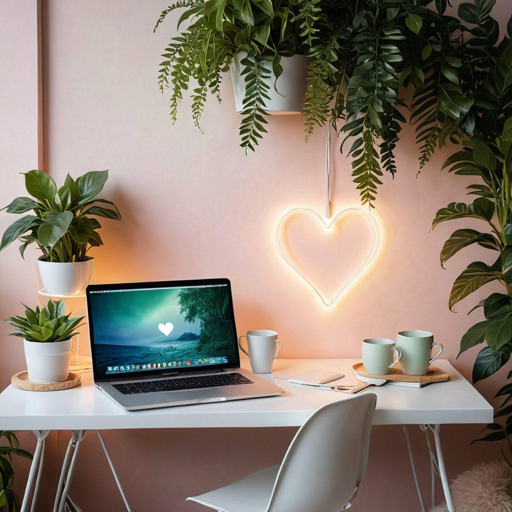A cozy workspace featuring soft lighting, heart-themed decor, and plants to create a warm atmosphere. Include a laptop with a love-themed screensaver and a steaming cup of coffee beside it. Capture a sense of tranquility and affection, with pastel colors and a serene background. cozy atmosphere. vibrant colors. 3D.
