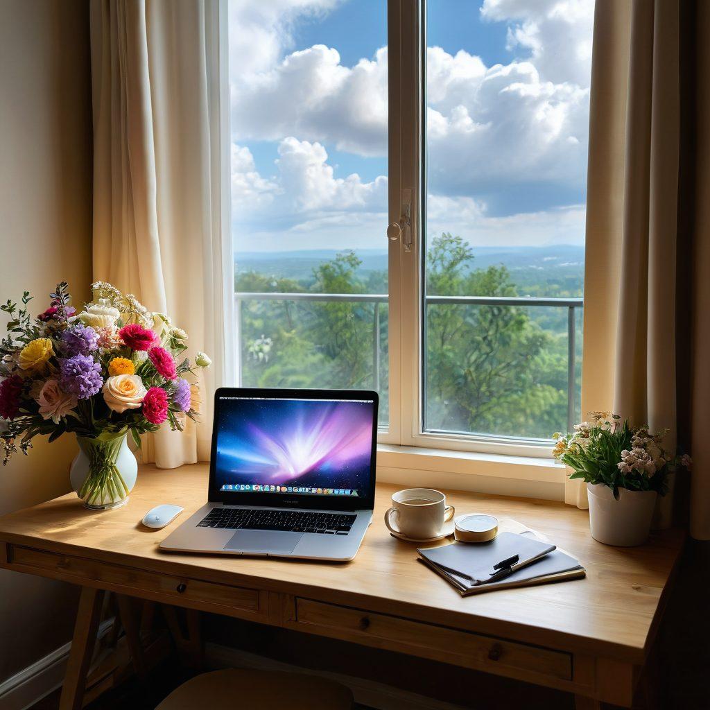 A cozy remote workstation featuring a stylish desk with a laptop, warm lighting, and soft pillows. Incorporate heart-shaped decorations and a steaming cup of coffee beside a bouquet of flowers to evoke romance. Include a picturesque view of clouds outside the window, symbolizing a heartfelt cloud experience. Emphasize a warm color palette for a nurturing atmosphere. super-realistic. soft pastel colors. cozy ambiance.